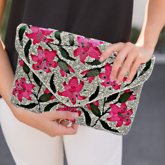 Pink Hibiscus Silver Seed Glass Beaded Crossbody Chain Clutch Bag NEW - Picture 3 of 3